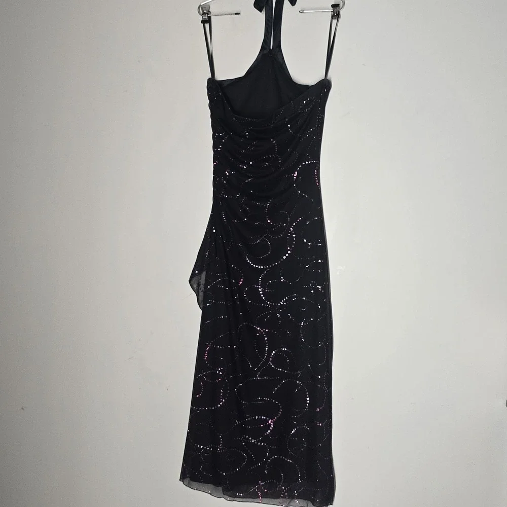 Vtg Y2K I.N. San Francisco Black Pink Glitter Halter Formal Dress Ruched L USA